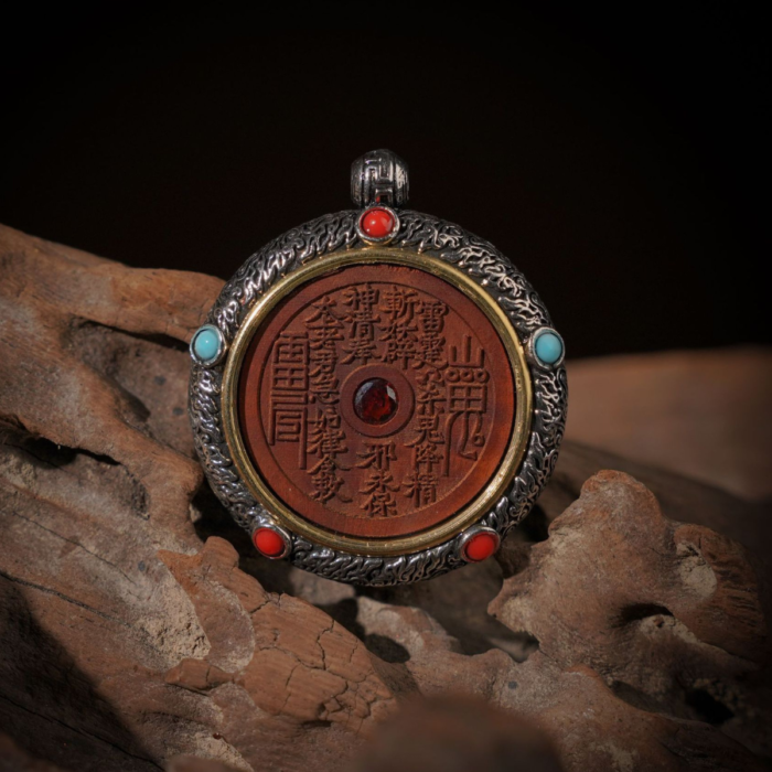 Thunderbolt Jujube Wood Silver Mounted Mountain God Lucky Coin Pendant, Inlaid Crystal Drop, Reverse Nine-Palace Eight-Di Necklace Ornament for Men and Women - Image 5
