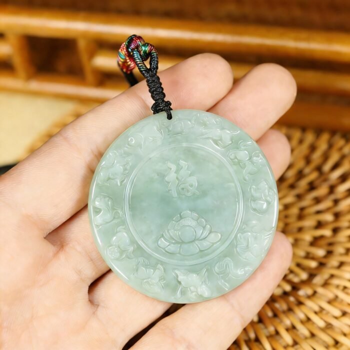 Hand-Carved Grade A Jadeite 12 Chinese Zodiac Pendant | Lotus & Fortune Symbol Amulet Necklace (Unisex) - Image 2
