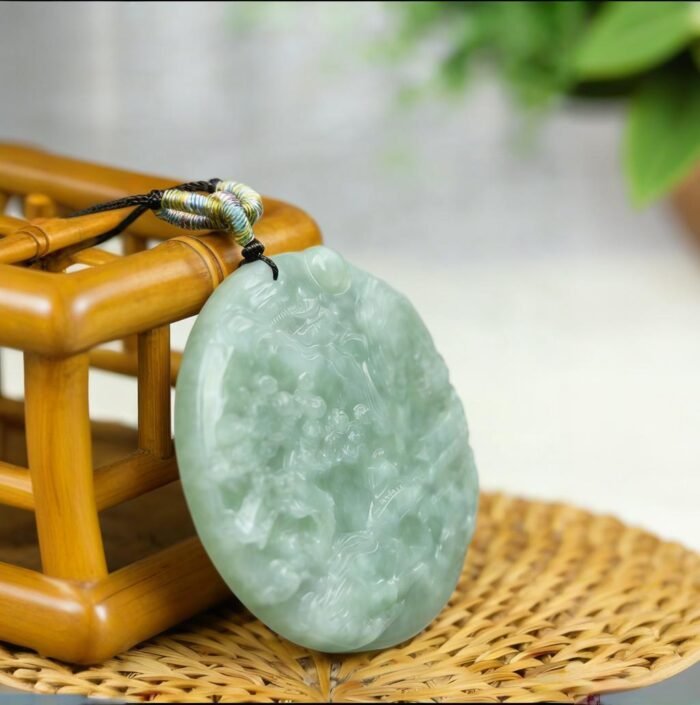 Natural Ice Green Jade Mountain & Water Pendant | Hand-Carved Serenity Amulet | Prosperity & Balance Talisman (Unisex) - Image 3