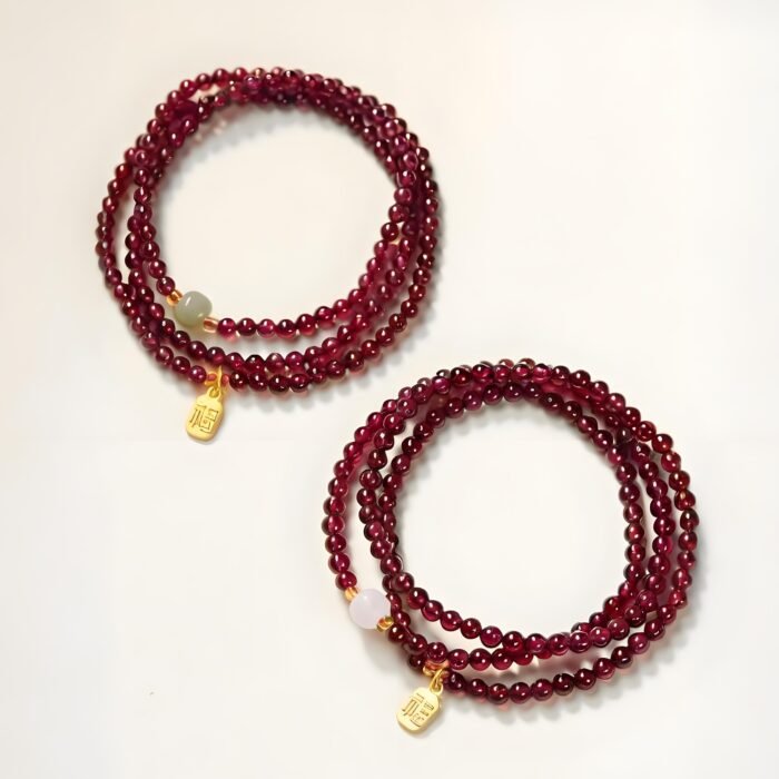 3-Layer Mini Wine Red Garnet Bracelet with "Fu" Fortune Charm | Lucky Stackable Gemstone Jewelry - Image 7