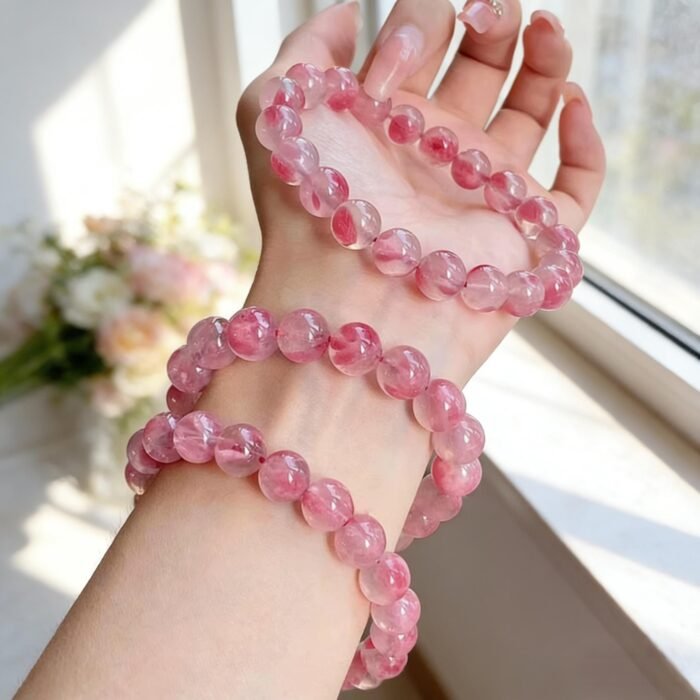 Natural Rhodonite "Cherry Blossom Rain" Beaded Bracelet | Heart Chakra Crystal for Romantic Vitality, Emotional Healing & Pink Elegance - Image 3