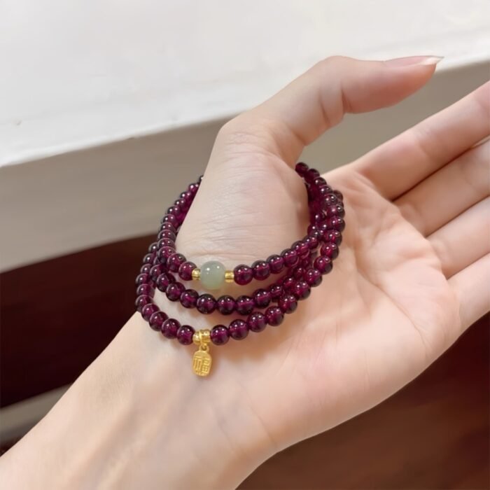 3-Layer Mini Wine Red Garnet Bracelet with "Fu" Fortune Charm | Lucky Stackable Gemstone Jewelry - Image 4