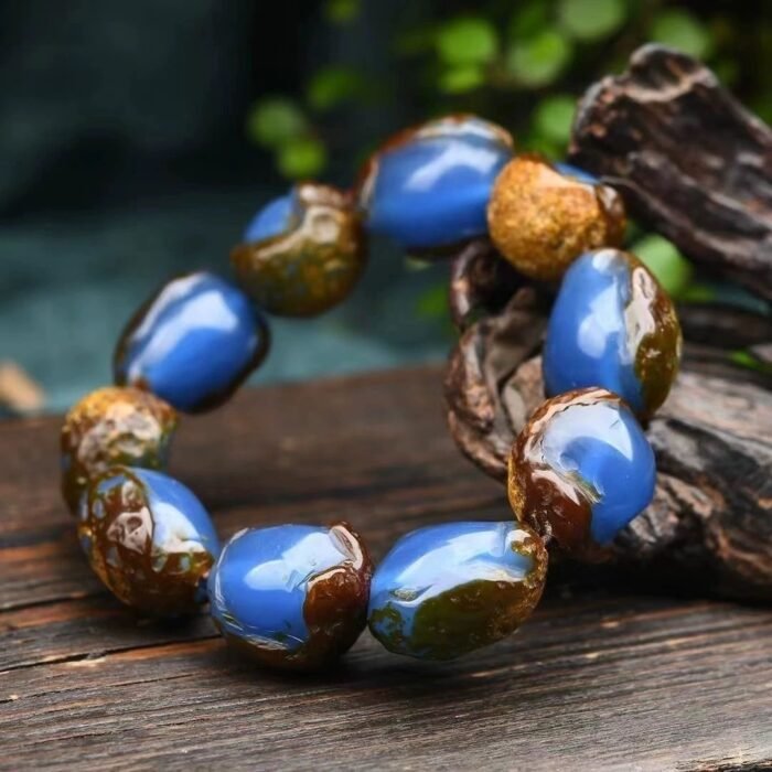 Natural Raw Blue Amber with Skin & Amber Wax Bracelet | Soothing Energy & Protection Gemstone Jewelry - Image 2