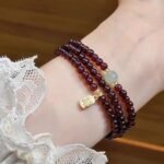 3-Layer Mini Wine Red Garnet Bracelet with "Fu" Fortune Charm | Lucky Stackable Gemstone Jewelry - Image 3