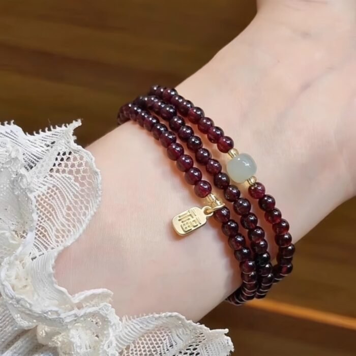 3-Layer Mini Wine Red Garnet Bracelet with "Fu" Fortune Charm | Lucky Stackable Gemstone Jewelry - Image 3