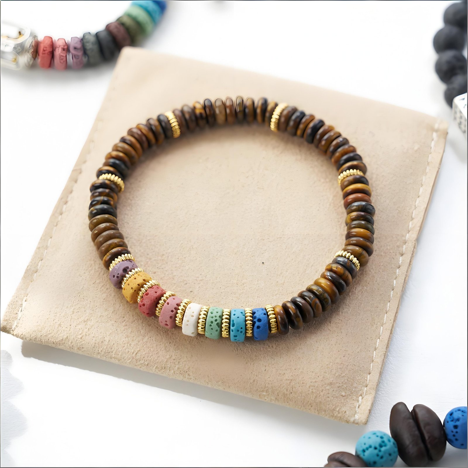 3 Dopamine Volcanic Stone + Tiger Eye Slice "Money String" Bracelet | Copper Gold Accents – Grounding Boho Statement Piece - Image 1