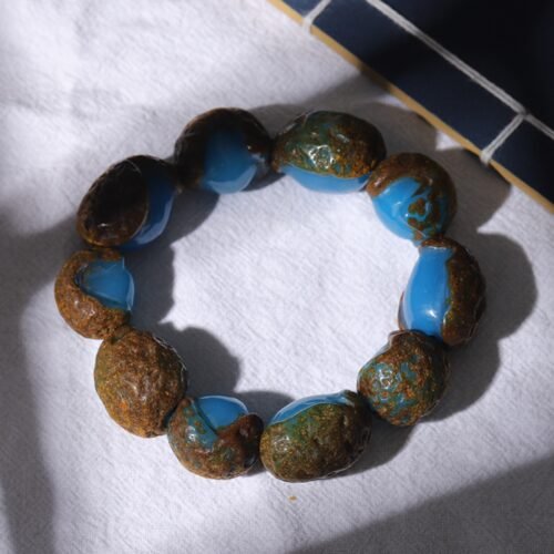 Natural Raw Blue Amber with Skin & Amber Wax Bracelet | Soothing Energy & Protection Gemstone Jewelry