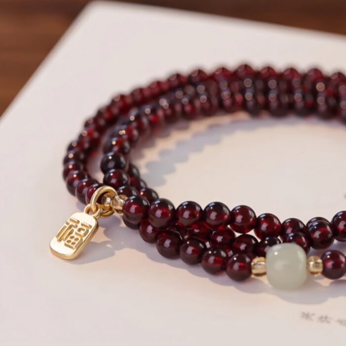 3-Layer Mini Wine Red Garnet Bracelet with "Fu" Fortune Charm | Lucky Stackable Gemstone Jewelry - Image 6