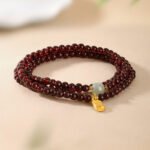 3-Layer Mini Wine Red Garnet Bracelet with "Fu" Fortune Charm | Lucky Stackable Gemstone Jewelry
