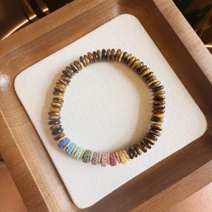 Dopamine Volcanic Stone + Tiger Eye Slice "Money String" Bracelet | Copper Gold Accents – Grounding Boho Statement Piece - Image 6