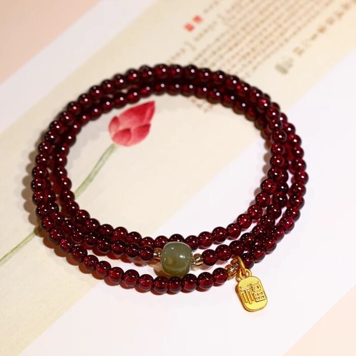 3-Layer Mini Wine Red Garnet Bracelet with "Fu" Fortune Charm | Lucky Stackable Gemstone Jewelry - Image 2