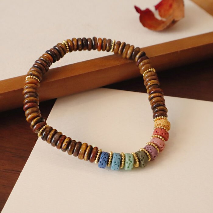 Dopamine Volcanic Stone + Tiger Eye Slice "Money String" Bracelet | Copper Gold Accents – Grounding Boho Statement Piece - Image 2