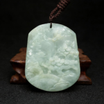 Icy Translucent Jade Landscape Pendant: Hand-Carved Mountain & Water Amulet for Prosperity, Serenity & Career Success