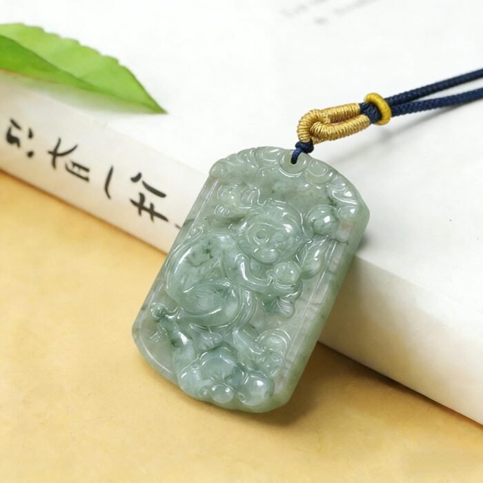Hand-Carved Icy Green Jade Monkey Pendant | Symbol of Good Fortune & Wisdom | Artisanal Chinese Gemstone Jewelry - Image 4