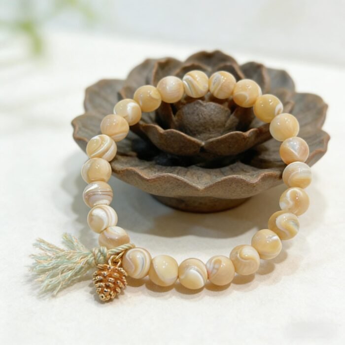 Natural Milk Tea Trochus Shell Bead & Pinecone Charm Bracelet | Ocean-Inspired Healing & Abundance Jewelry - Image 1