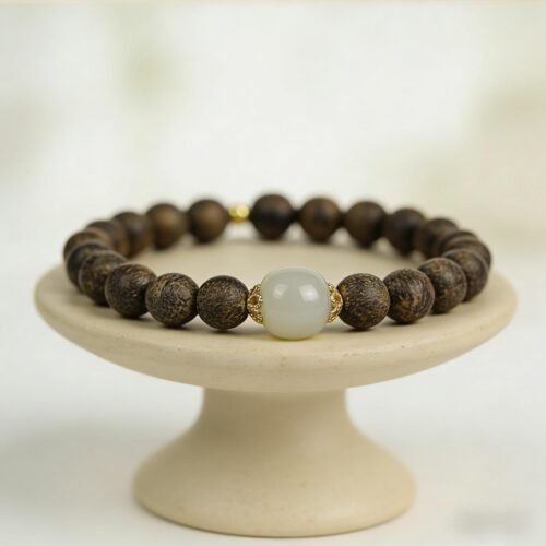 Premium Vietnamese Nha Trang White Qi Nan Agarwood Bracelet with 925 Silver Guardian Charm | Calm, Prosperity & Spiritual Protection Jewelry