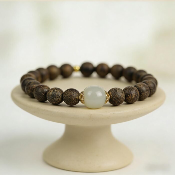 Premium Vietnamese Nha Trang White Qi Nan Agarwood Bracelet with 925 Silver Guardian Charm | Calm, Prosperity & Spiritual Protection Jewelry - Image 1