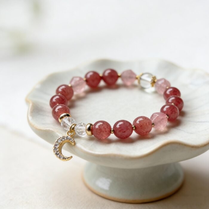 1 Natural Strawberry Quartz & Clear Quartz with Moon Zircon Bracelet | Love, Charm & Positive Energy Jewelry - Image 1