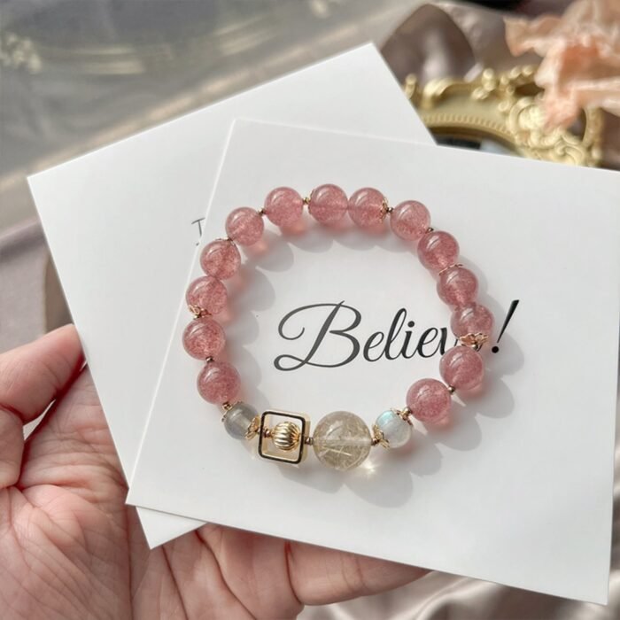 Natural Strawberry Quartz, Golden Rutilated Quartz & Grey Moonstone Bracelet | Love, Prosperity & Intuition Jewelry - Image 6