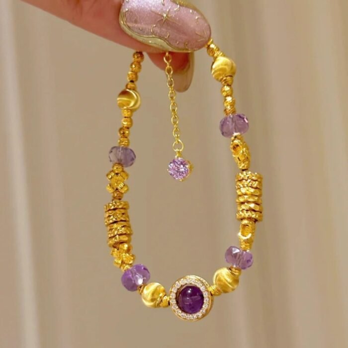 Natural Amethyst & Gold-Filled "Pan Chan" Link Bracelet | Wisdom, Prosperity & Protection Gemstone Jewelry - Image 6