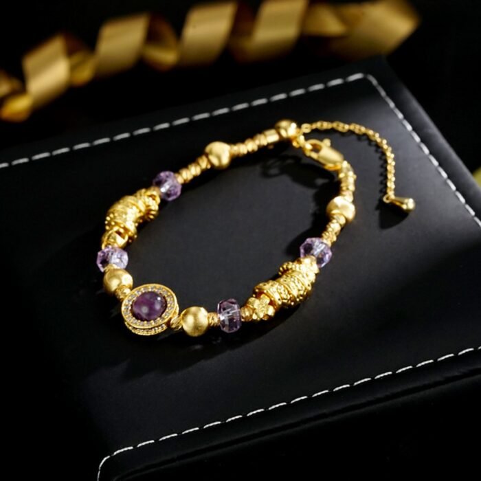 Natural Amethyst & Gold-Filled "Pan Chan" Link Bracelet | Wisdom, Prosperity & Protection Gemstone Jewelry - Image 2