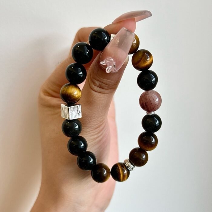 Natural Obsidian, Tiger's Eye & Red Copper Rutilated Quartz Bracelet | Protection, Courage & Prosperity Jewelry - Image 5
