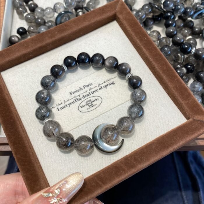 Natural Black Rutilated Quartz & Silver Obsidian Moon Bracelet | Ethnic Style Protection & Spiritual Jewelry - Image 7