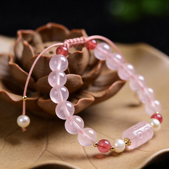 French Vintage Freshwater Pearl, Ice Rose Quartz & Strawberry Quartz Braided Bracelet | Love, Grace & Positive Energy Jewelry - Image 2