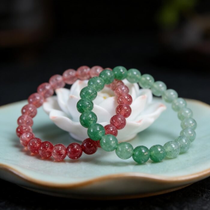 Natural Gradient Strawberry Quartz Bracelet Set (2 Styles) | Pink for Love & Healing, Green for Career & Confidence Jewelry - Image 2