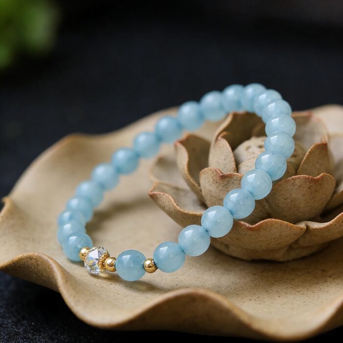 Natural Aquamarine & Austrian Crystal Bracelet | Throat Chakra Healing & Confident Expression Jewelry - Image 2