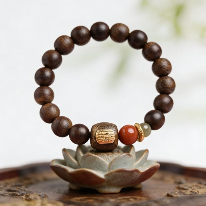 Premium Meditation Agarwood Bracelet 8mm – Handcrafted Wild "Jadeized Nine" Beads with Red Agate Accent | Calm, Abundance & Root Chakra Grounding Jewelry - Image 6