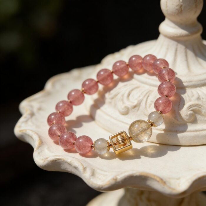 Natural Strawberry Quartz, Golden Rutilated Quartz & Grey Moonstone Bracelet | Love, Prosperity & Intuition Jewelry - Image 2