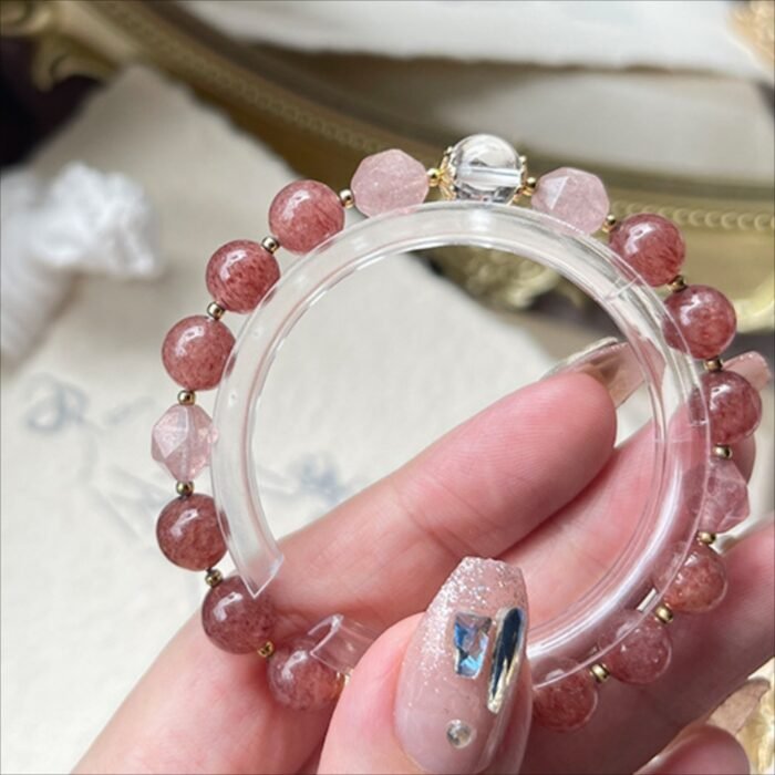 Natural Strawberry Quartz & Clear Quartz with Moon Zircon Bracelet | Love, Charm & Positive Energy Jewelry - Image 5
