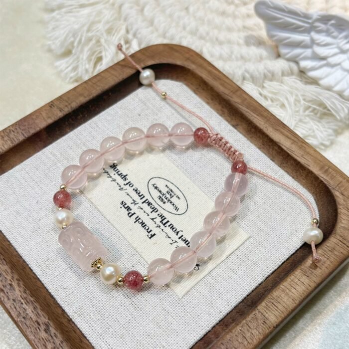French Vintage Freshwater Pearl, Ice Rose Quartz & Strawberry Quartz Braided Bracelet | Love, Grace & Positive Energy Jewelry - Image 6