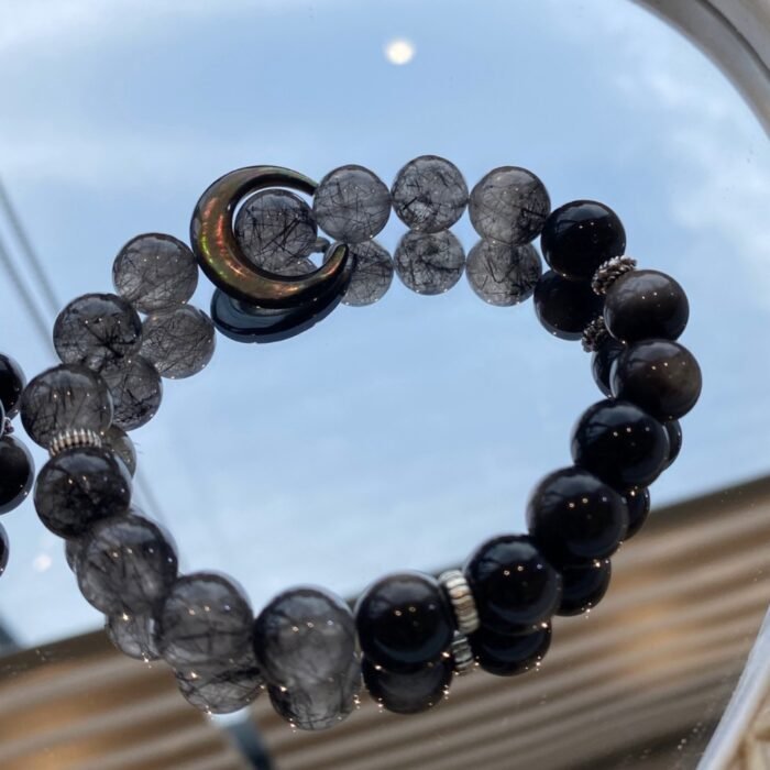 Natural Black Rutilated Quartz & Silver Obsidian Moon Bracelet | Ethnic Style Protection & Spiritual Jewelry - Image 6