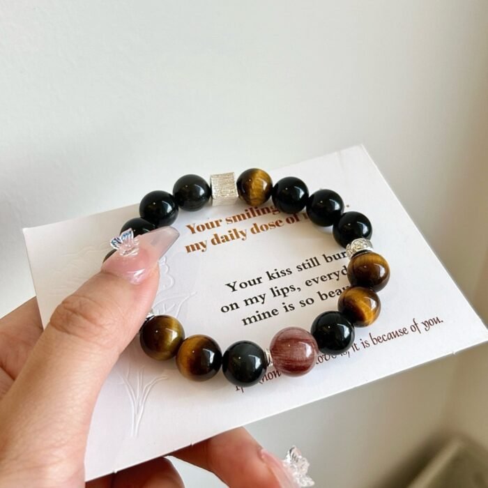 Natural Obsidian, Tiger's Eye & Red Copper Rutilated Quartz Bracelet | Protection, Courage & Prosperity Jewelry - Image 6