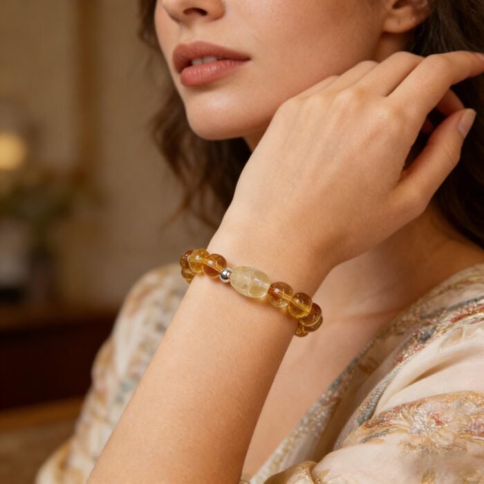 Natural Citrine Azeztulite Tower Quartz with Pixiu Charm | Wealth & Prosperity Crystal Bracelet - Image 3