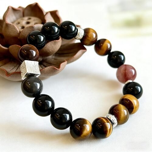 Natural Obsidian, Tiger's Eye & Red Copper Rutilated Quartz Bracelet | Protection, Courage & Prosperity Jewelry