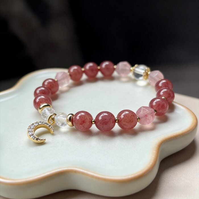 Natural Strawberry Quartz & Clear Quartz with Moon Zircon Bracelet | Love, Charm & Positive Energy Jewelry - Image 2