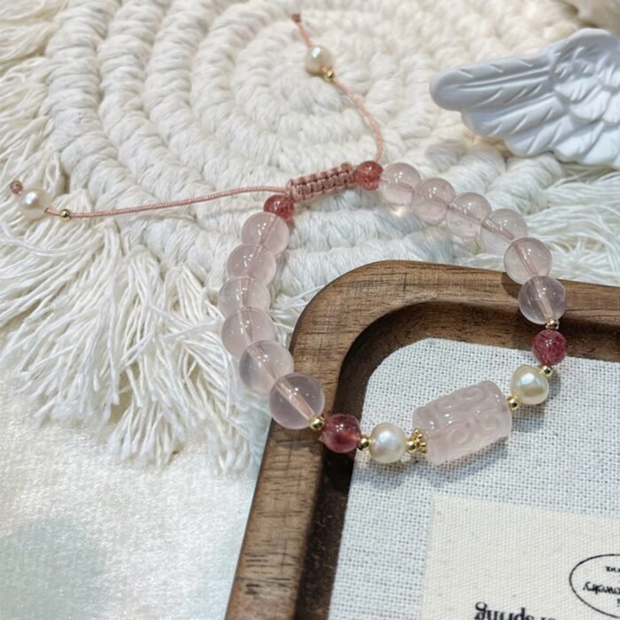 French Vintage Freshwater Pearl, Ice Rose Quartz & Strawberry Quartz Braided Bracelet | Love, Grace & Positive Energy Jewelry - Image 7