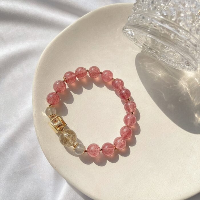 Natural Strawberry Quartz, Golden Rutilated Quartz & Grey Moonstone Bracelet | Love, Prosperity & Intuition Jewelry - Image 1