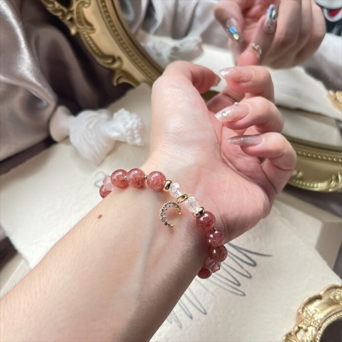 Natural Strawberry Quartz & Clear Quartz with Moon Zircon Bracelet | Love, Charm & Positive Energy Jewelry - Image 3