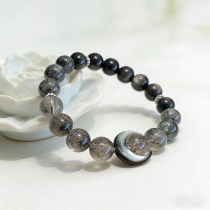 Natural Black Rutilated Quartz & Silver Obsidian Moon Bracelet | Ethnic Style Protection & Spiritual Jewelry - Image 1