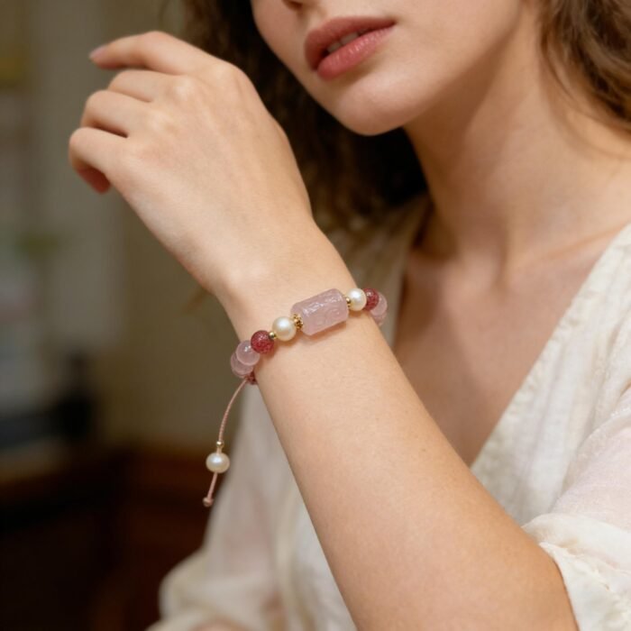 French Vintage Freshwater Pearl, Ice Rose Quartz & Strawberry Quartz Braided Bracelet | Love, Grace & Positive Energy Jewelry - Image 4