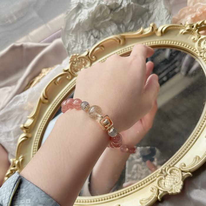 Natural Strawberry Quartz, Golden Rutilated Quartz & Grey Moonstone Bracelet | Love, Prosperity & Intuition Jewelry - Image 3