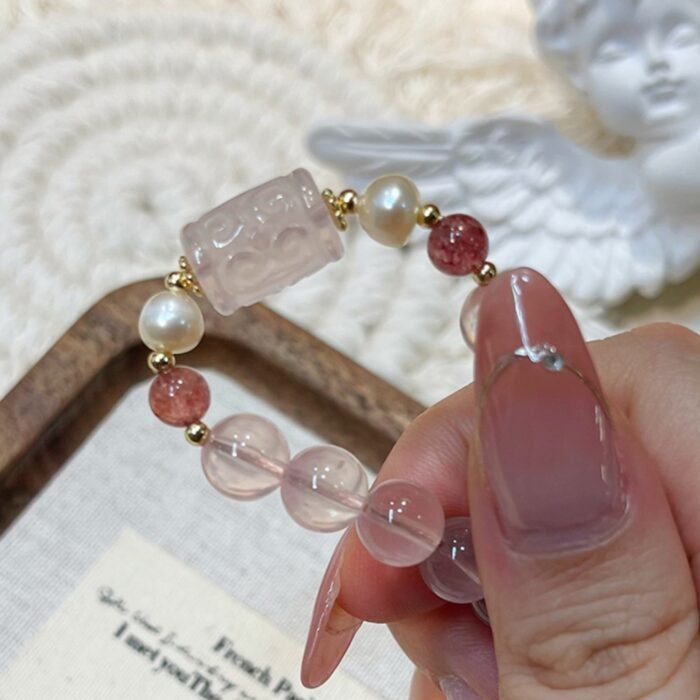 French Vintage Freshwater Pearl, Ice Rose Quartz & Strawberry Quartz Braided Bracelet | Love, Grace & Positive Energy Jewelry - Image 5