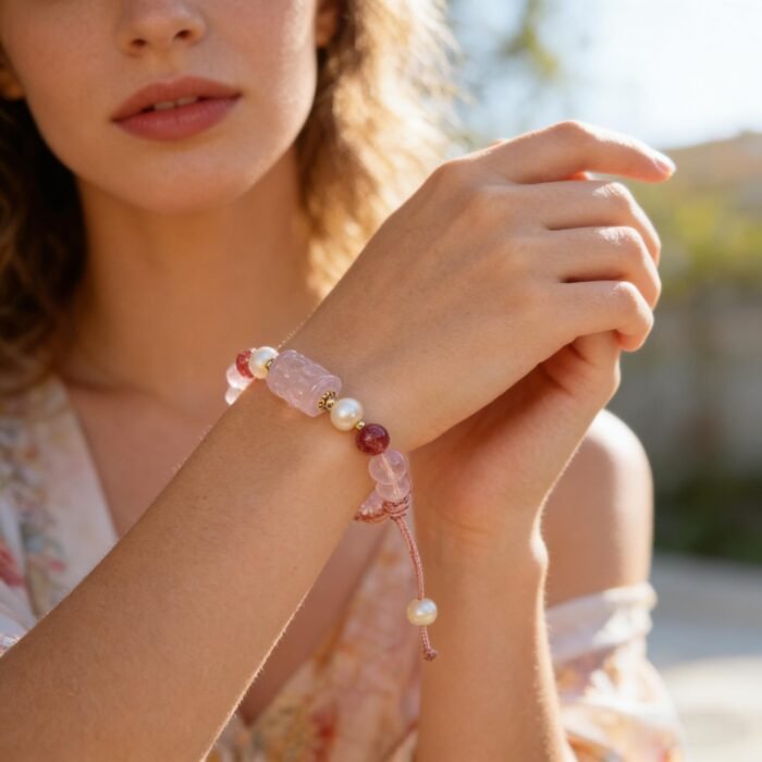 French Vintage Freshwater Pearl, Ice Rose Quartz & Strawberry Quartz Braided Bracelet | Love, Grace & Positive Energy Jewelry - Image 3