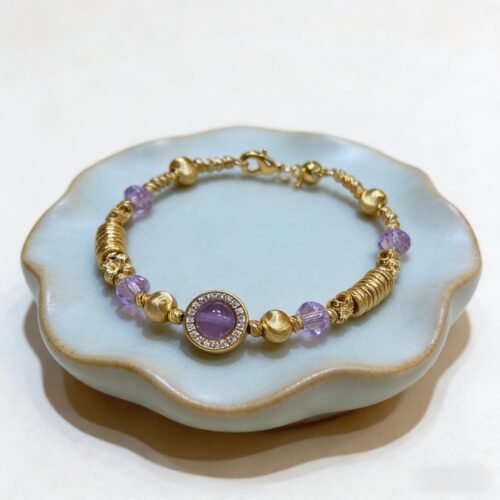 Natural Amethyst & Gold-Filled "Pan Chan" Link Bracelet | Wisdom, Prosperity & Protection Gemstone Jewelry