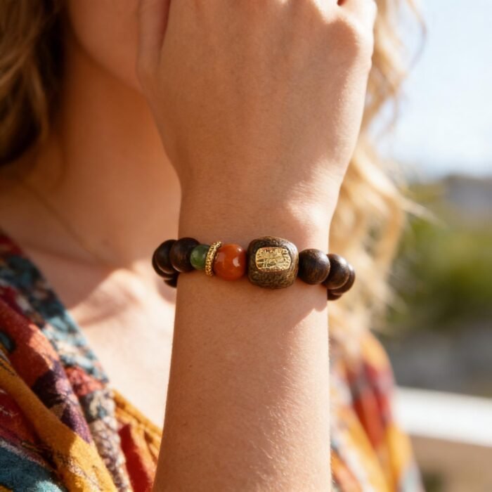 Premium Meditation Agarwood Bracelet 8mm – Handcrafted Wild "Jadeized Nine" Beads with Red Agate Accent | Calm, Abundance & Root Chakra Grounding Jewelry - Image 3