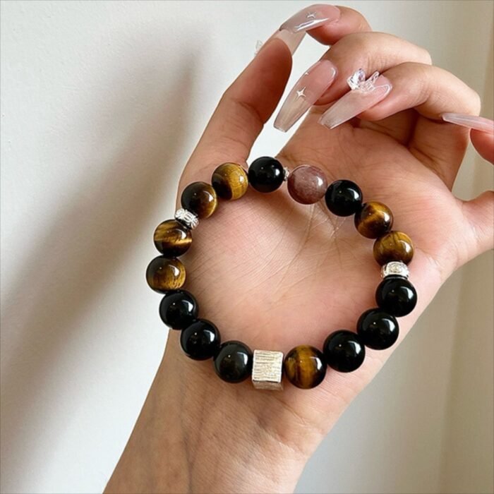 Natural Obsidian, Tiger's Eye & Red Copper Rutilated Quartz Bracelet | Protection, Courage & Prosperity Jewelry - Image 4